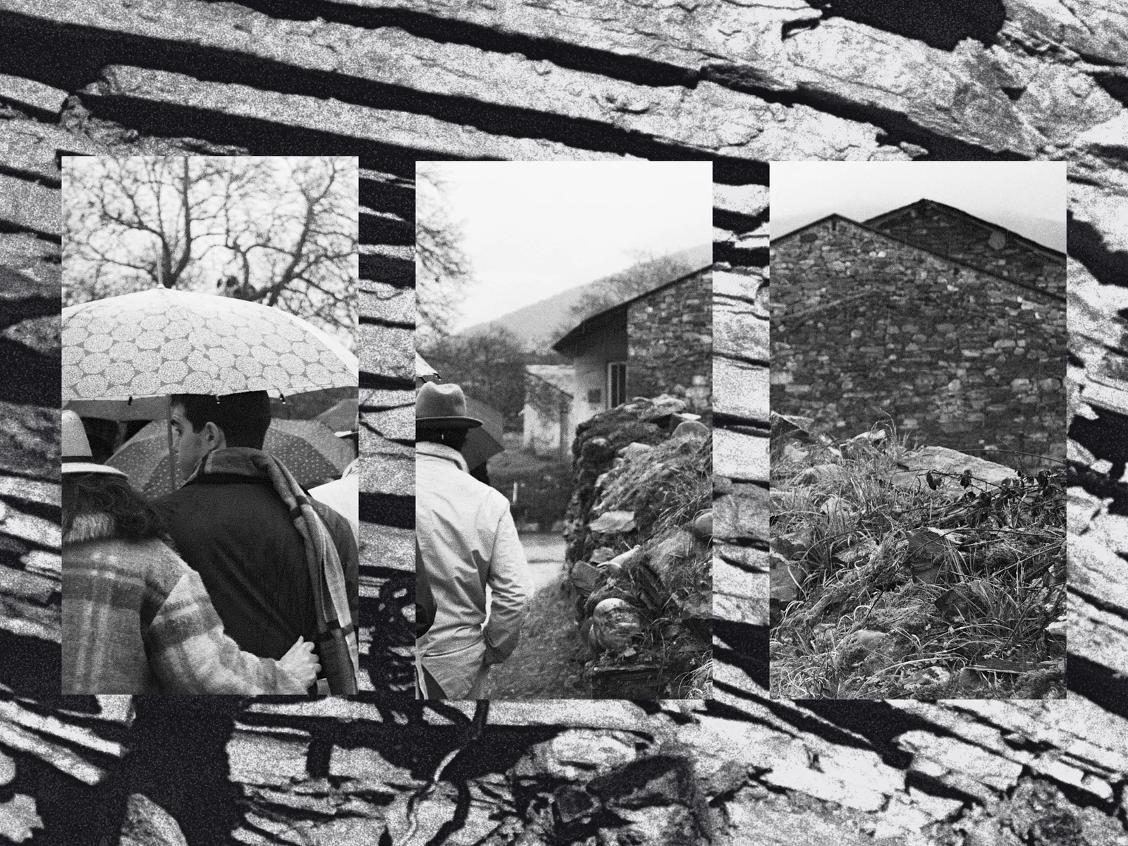 Layered photographs of family, trees, and slate buildings in Pumares.