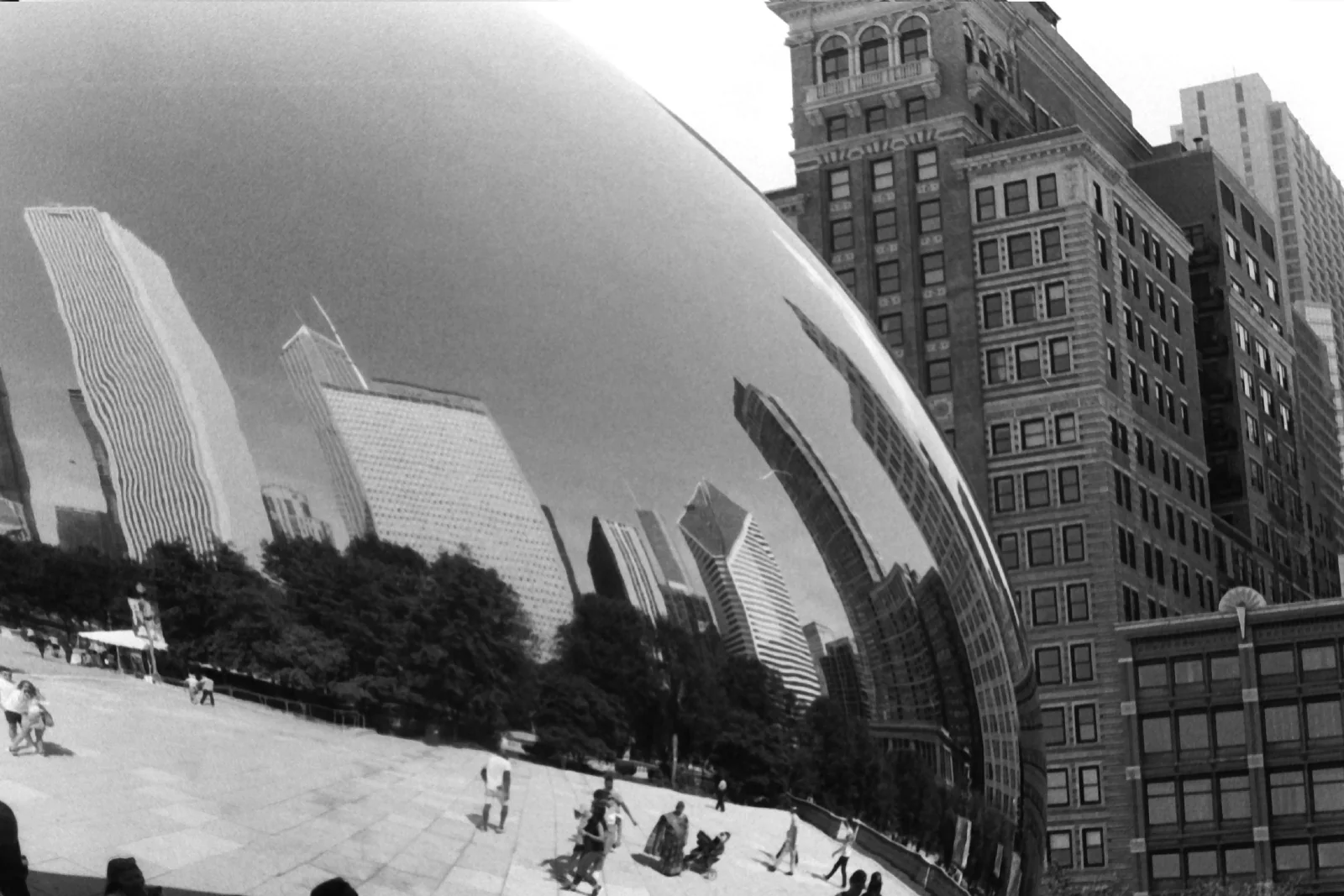 Chicago reflected across a curved mirrored surface.